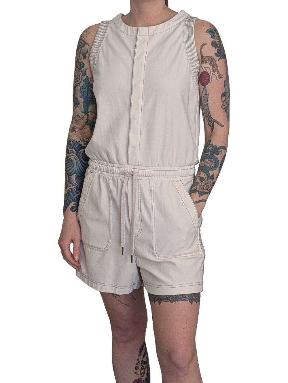 Athleta Cream Romper Crew Neck Sleeveless Drawstring Tie Waist | S